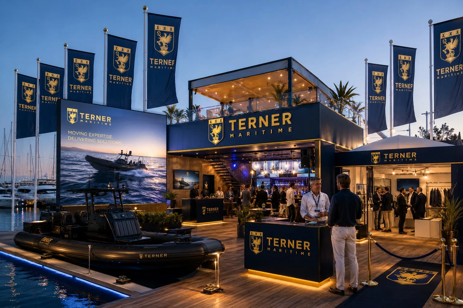 Terner Maritime marina exhibition booth with branded hospitality area and RIB display