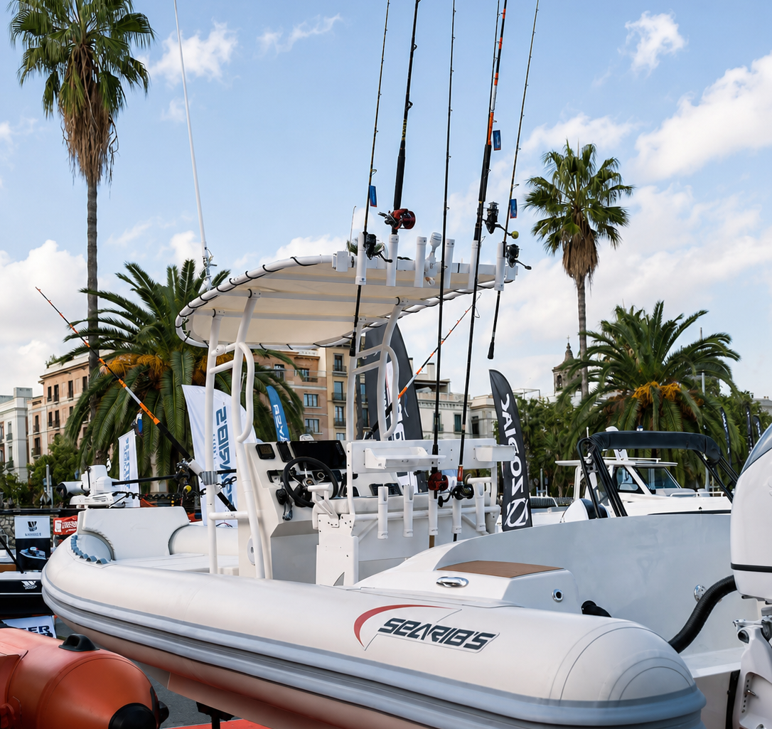 Searibs boat displayed at a marine trade show