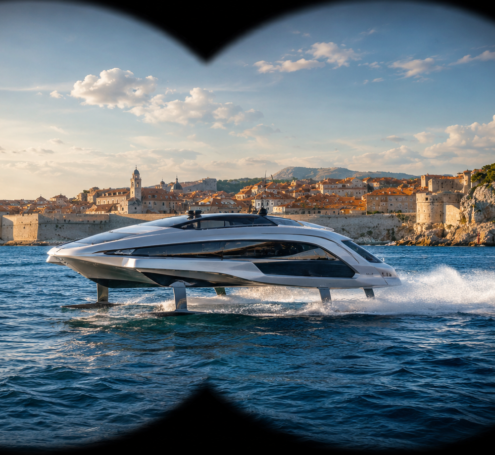 Binocular view of a hydrofoil-supported boat off Dubrovnik